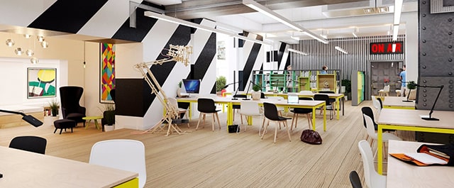 espace de coworking coloré et décoré