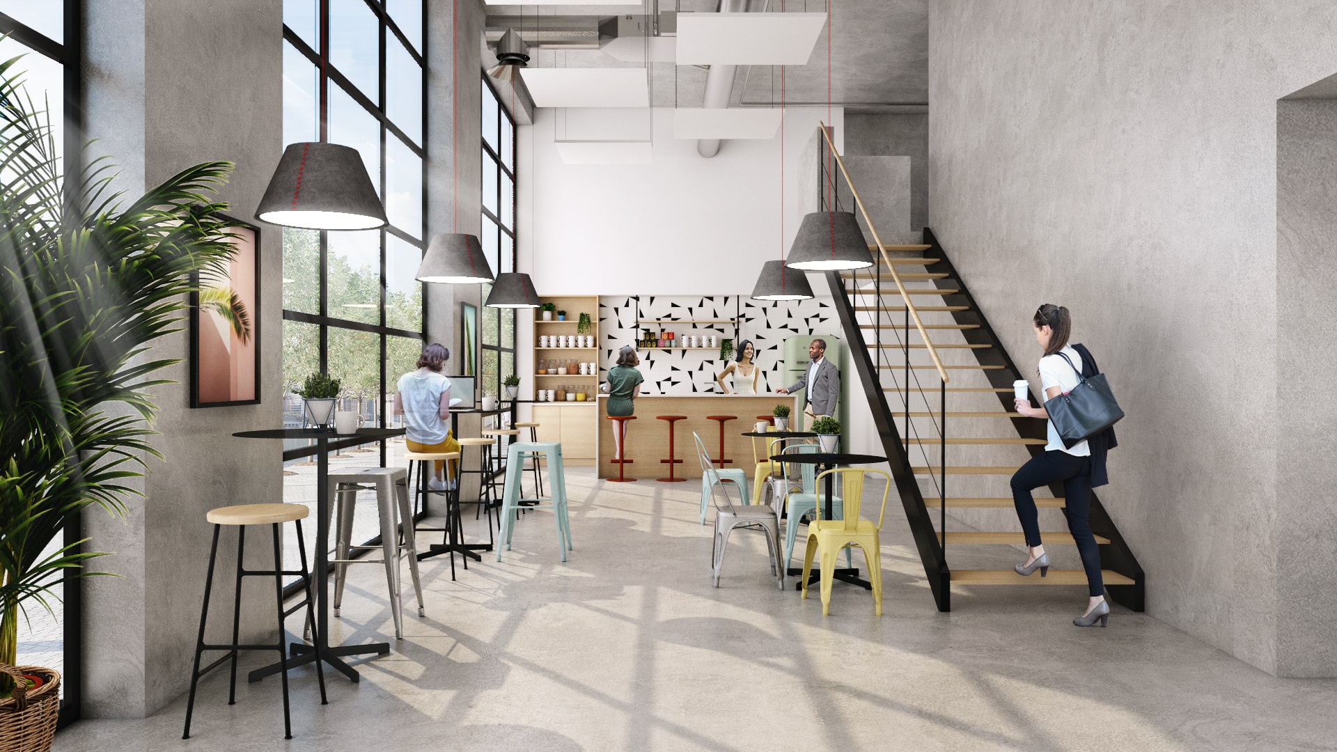 Caféteria avec des tables hautes