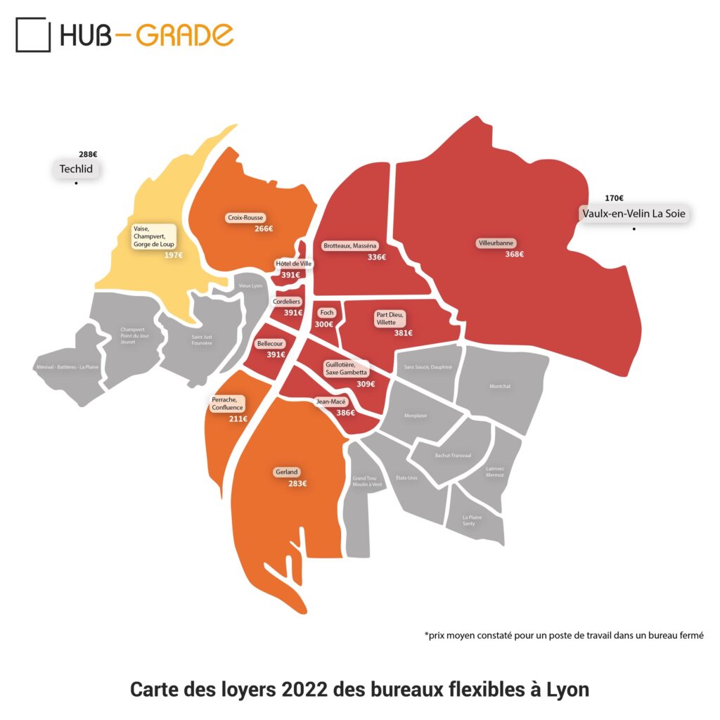 Carte 2022 des loyers des bureaux flexibles à Lyon